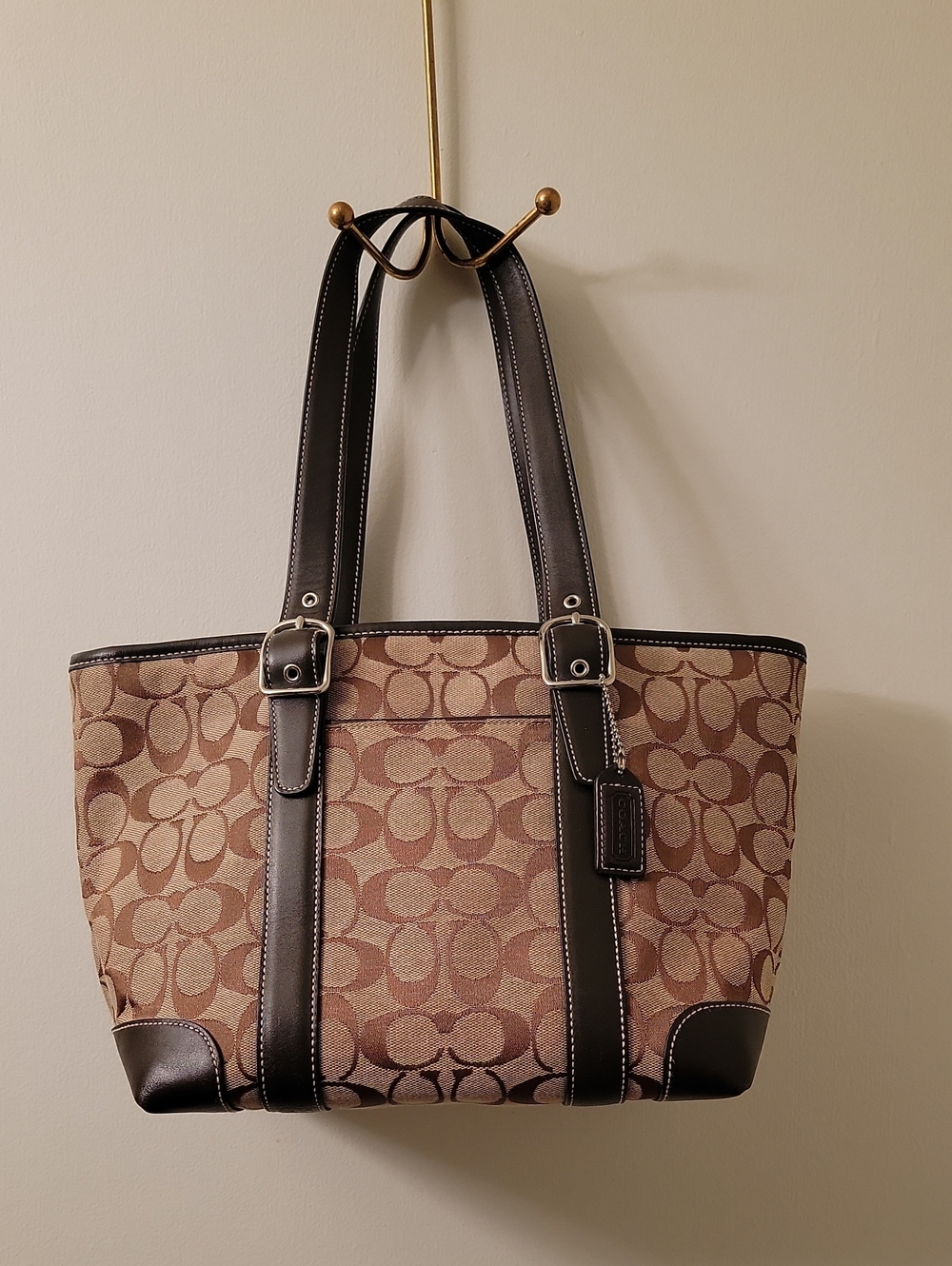 Coach Brown Signature Canvas Tote with Dark Brown Leather Trim